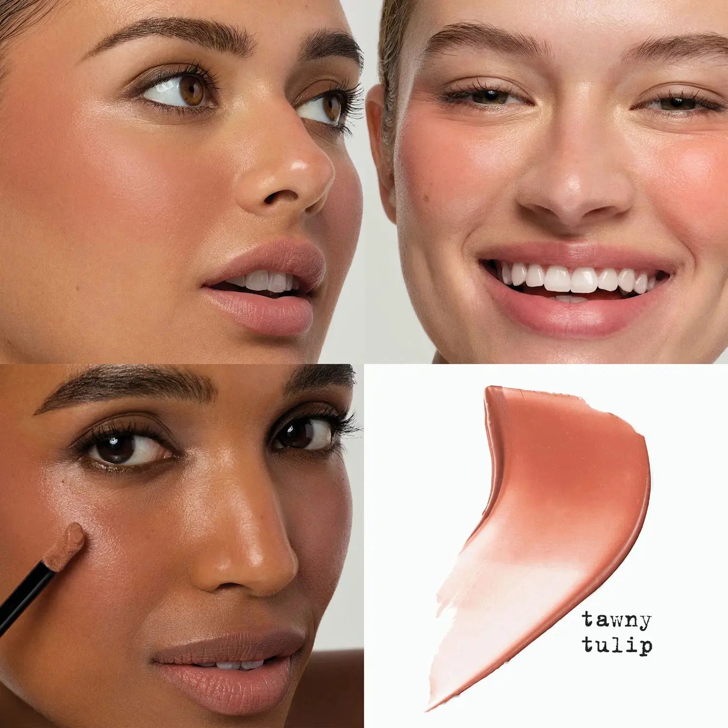 Collage of a woman applying makeup with a close-up of the 'tawny tulip' shade.