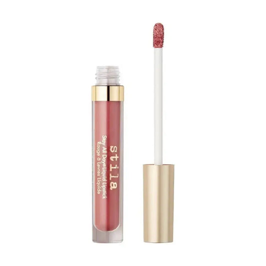 Stila Stay All Over Liquid Lip Color in a clear tube showing a dusty rose pink shade, with its gold cap removed and the doe-foot applicator shown next to it on a white background.