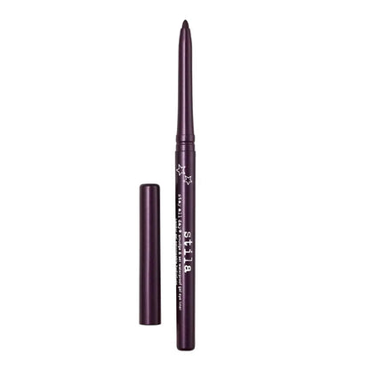 A dark purple makeup pencil with white text and star graphics, shown next to its matching cap on a plain white background.