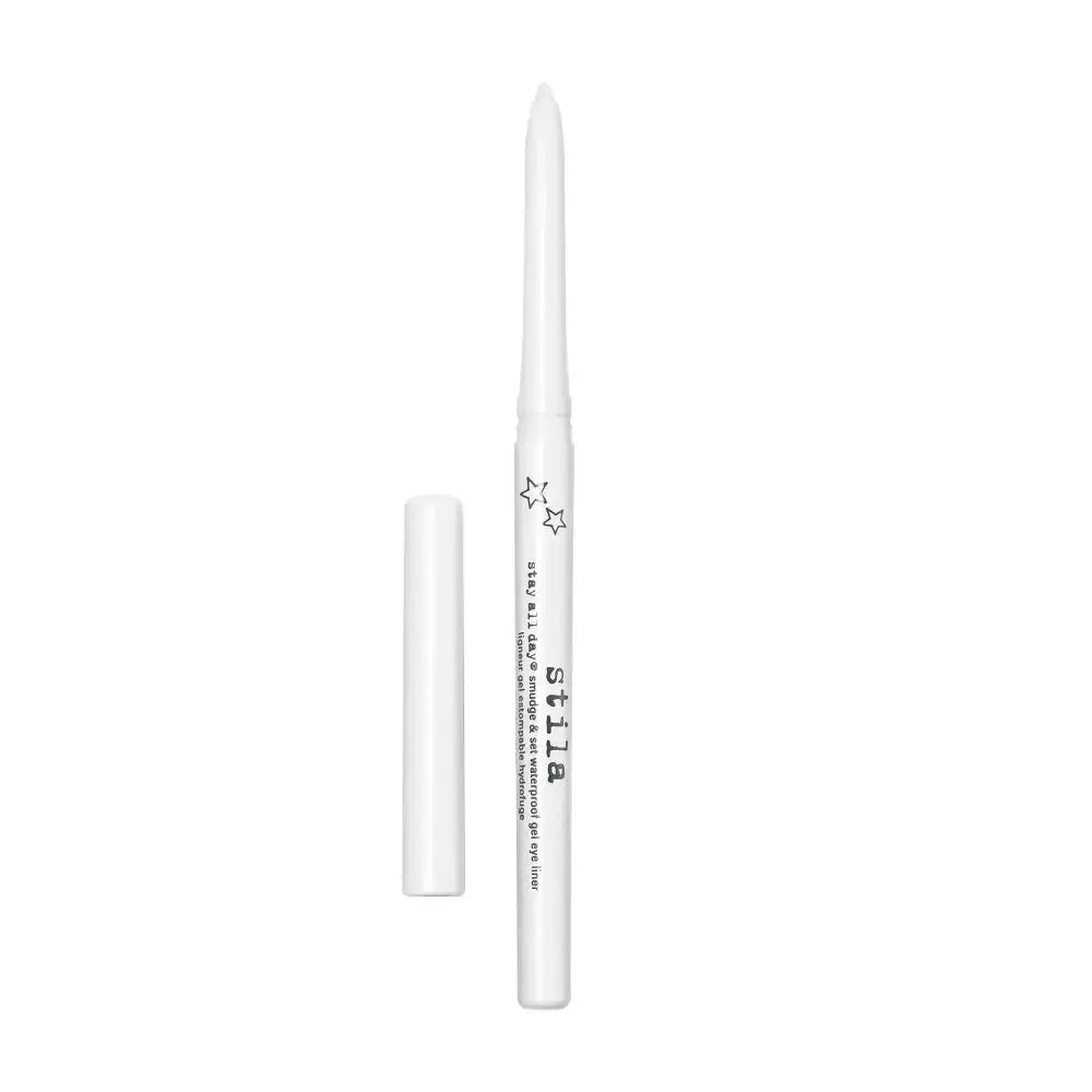 A white cosmetic pencil with a pointed tip and a separate white cap, shown on a plain white background. The barrel has black text and small star illustrations.