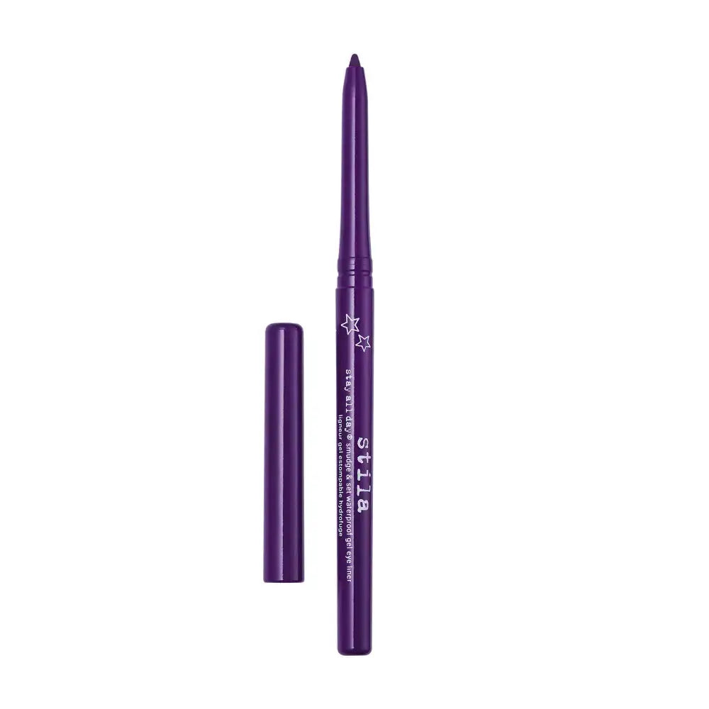 A purple dual-ended cosmetic pencil with its cap removed, displayed vertically next to it on a plain white background. The brand name 'sista' is printed vertically on the barrel.