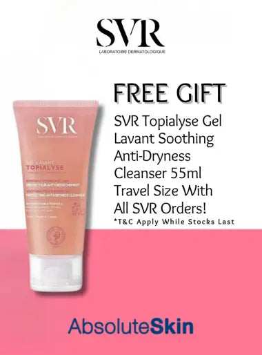 Promotional banner for SVR Topialyse Gel Lavant Soothing Anti-Dryness Cleanser 55ml travel size, featuring a pink squeeze tube on the left and promotional text on a white and pink background, with AbsoluteSkin branding at the bottom.