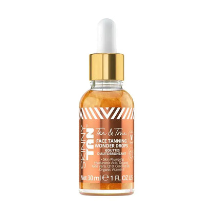 A bottle of NARS Tan & Tone Face Tanning Wonder Drops with a gold cap and white dropper, containing an orange-tan liquid, on a white background.