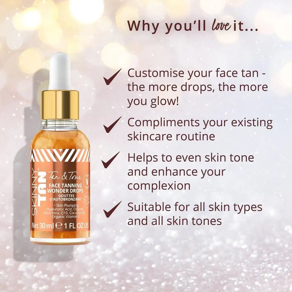 A bottle of Nectar Face Tanning Honored Drops with a gold dropper cap, shown next to marketing text on a sparkling light pink background. The text lists benefits such as customizing tan level and improving skin tone.