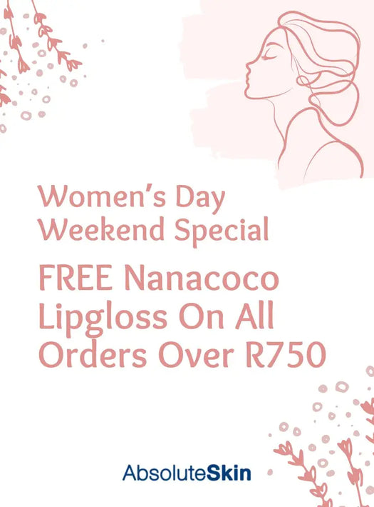 Promotional graphic for AbsoluteSkin featuring pink text that reads 'Women's Day Weekend Special FREE Nanacoco Lipgloss On All Orders Over R750' on a white background with a soft pink line drawing of a woman's profile and decorative floral accents.
