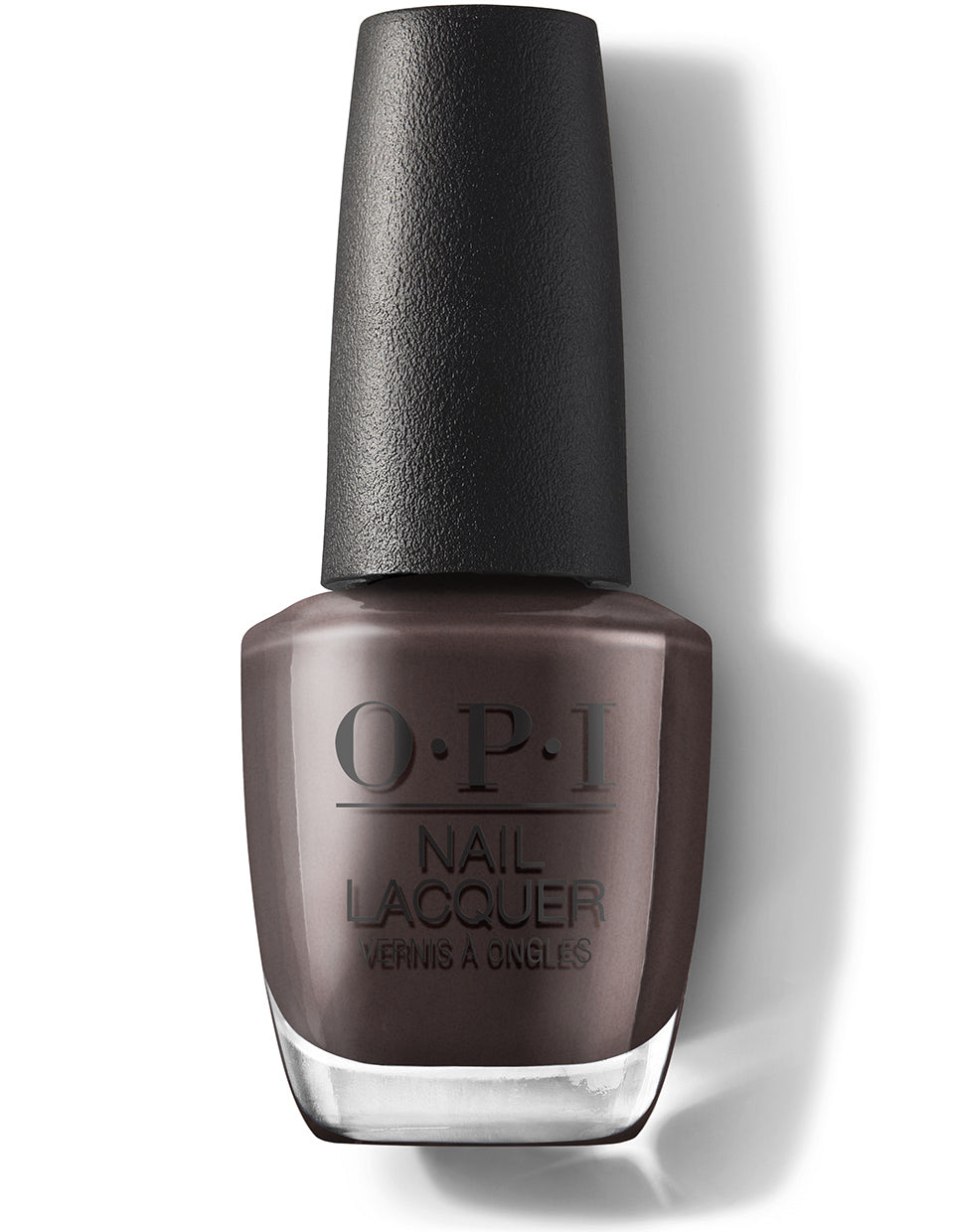 OPI nail lacquer bottle with a dark brown color on a white background