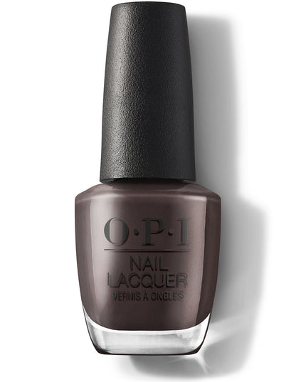 OPI nail lacquer bottle with a dark brown color on a white background