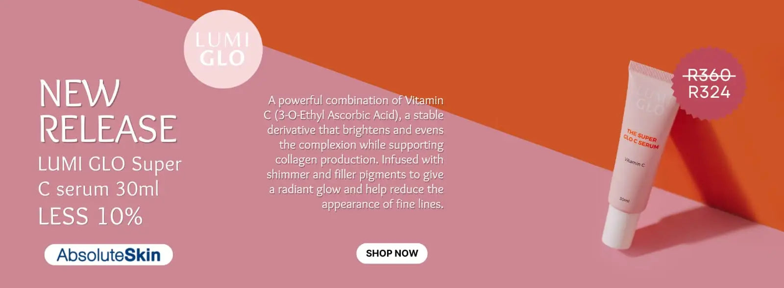 LUMI GLO Super C serum bottle on a pink and orange background with text about the product.