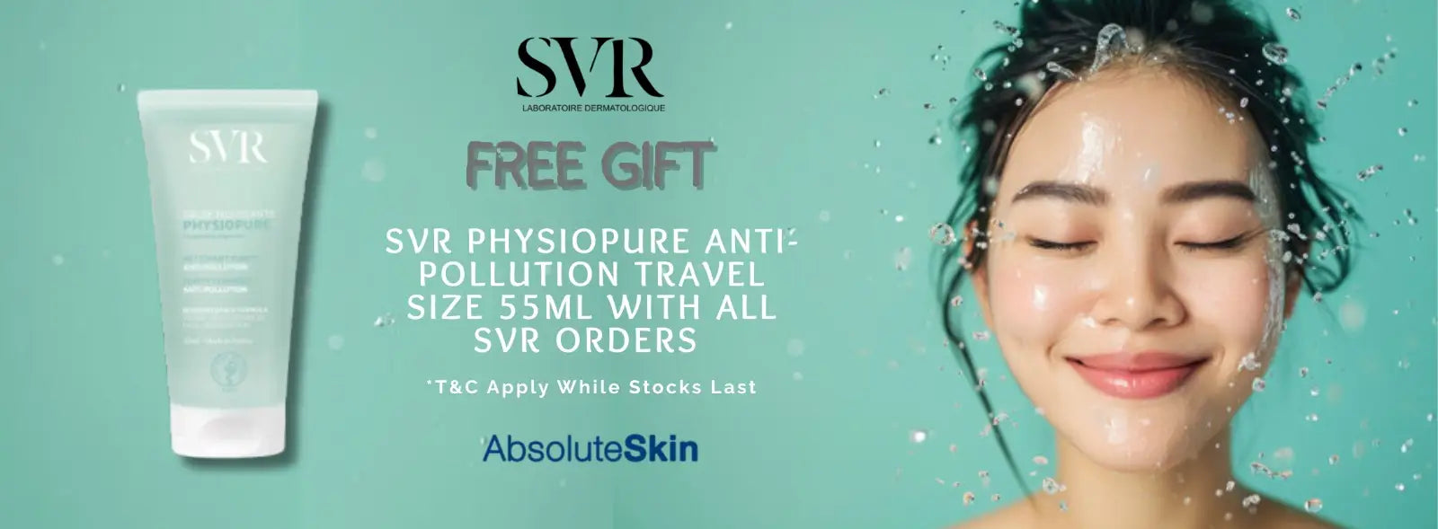 SVR Physiopure Anti Pollution Travel Size 55ml tube shown next to a smiling woman with water droplets on her face, on a teal background with promotional text for a free gift and AbsoluteSkin.